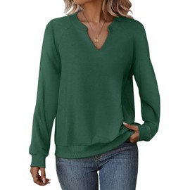 EADINVE Womens Casual Sweatshirts Long Sleeve V Neck Fleece Pullover Side With Pocket Cute Loose Fit Fall Tops 2025 Green