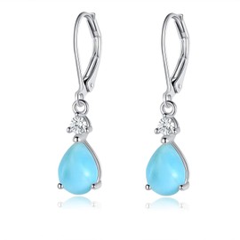 14K White Gold Filled Sterling Silver 7x9mm Teardrop Larimar Gemstone Dangle Earrings for Women