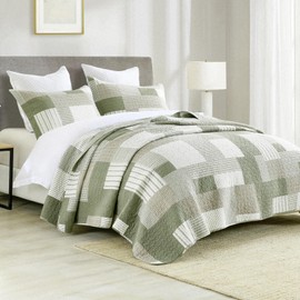 Uniclinens Plaid Quilt Set Queen Size, Patchwork Light Green Quilt Bedding Set, 100% Cotton Bedspreads, Farmhouse Rustic Lightweight Comforter, 3 Pieces Set with 2 Pillowshams, Green/Brown/Beige