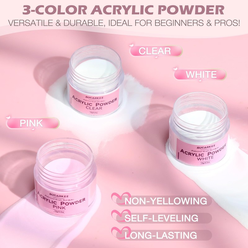 Acrylic Nail Kit For Beginners - 3-Color Powder (Clear/White/Pink)