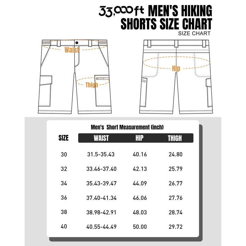 33,000ft Mens Outdoor Stretch Golf Shorts UPF50+ Summer Hiking Shorts