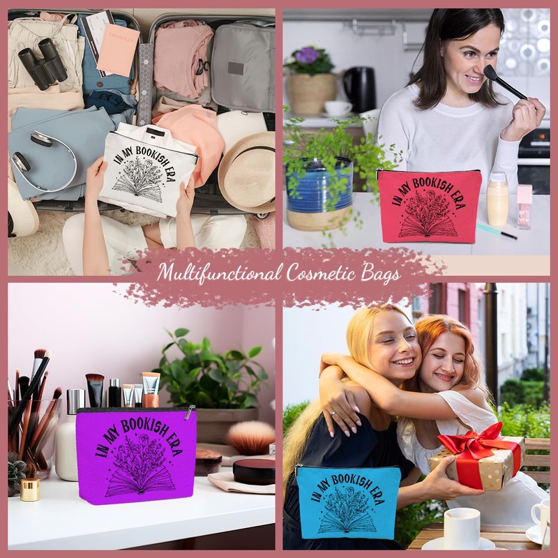 4PCS Bookish Gifts Makeup Bag, Book Lovers Gifts Cosmetic Bags