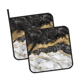 White Black Gold Marble Pot Holders Set of 2 Kitchen Heat Resistant Potholder for Microwave Cooking Baking Oven End Dishes and BBQ