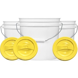 House Naturals 2 Gallon White Bucket with Screw on Lid - Pack of 3 Made in USA contrainers (White Buckets with Yellow Lids)