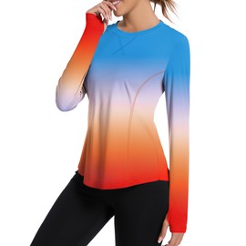 Avoogue Women's Long Sleeve Shirts UPF 50+ UV Protection Shirts for Hiking Fishing Workout Rash Guard with Thumb Holes(Blue Gradient Orange,M)