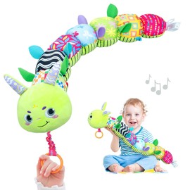 Infinno Juguetes musicales y sensoriales de peluche para bebés, niñas y niños, juguetes suaves de seguridad para recién nacidos de 0-3-6-12 meses con arrugas y sonajeros, oruga, verde