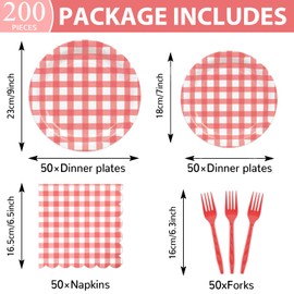 200 Pcs Red Gingham Tableware Set Red And White Checkered Birthday Party Supplies Disposable Plaid Paper Plates Napkins Dinnerware Set Girls Barbecue Picnic BBQ Birthday Decoration Serve 50 Guest
