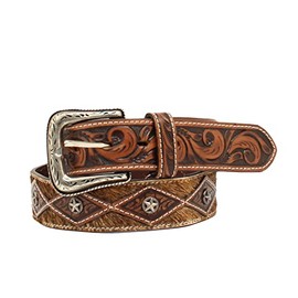 ARIAT Men's Calf Hair Concho Tooled Floral Pattern Belt, Brown, 32