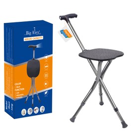 BigAlex Alloy Folding Cane with Seat, Lightweight Adjustable Walking Cane with Seat, Cane Seat with LED for Woman/Man, Comfortable Handle and 3 Non-Slip Legs, Walking Stick for Seniors,Black