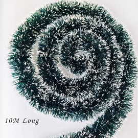 AMLOOPH Green Tinsel Christmas Decorations, 10m Thick Christmas Tinsel Garland For Christmas Tree Decorations, Metallic Green and White-Edged Christmas Tinsel And Bows For Stairs Xmas Tree Decorations