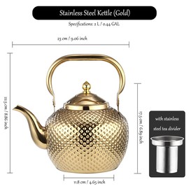 Verve Jelly 2L Stainless Steel Teapot with Lid, Stove-Top Tea Pot Coffee Pot Durable Teapot Coffee Pot Kettle with Filter, Tea Strainer for Loose Leaf Tea and Blooming Tea, Gold, 8.9 * 9.1 * 9.1in