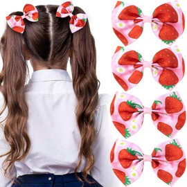 HINZIC 4 PCS Strawberry Bow Hair Clips Hair Snap Barrettes Cute Pink Fruit Strawberry Hair Accessories for Girl Women