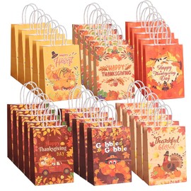 Colodeol 30 Pcs Thanksgiving Gift Bags, Fall Thanksgiving Goodie Bag Turkey Party Favors Treat Bag Pumpkin Candy Paper Bags with Handles for Fall Decorations Harvest Party Supplies