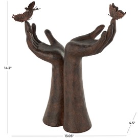 Deco 79 Polystone Hands Decorative Sculpture Raised Home Decor Statue with Butterfly Accents, Accent Figurine 13" x 5" x 14", Dark Brown
