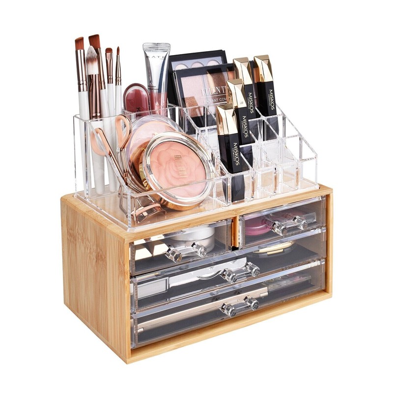 Neuxi Bamboo Makeup Organizer with 4 Acrylic Storages