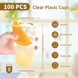 KesaPlan 100 Pcs 20 oz Clear Plastic Cups, Disposable Stemless Wine Glasses, Round Bottom Plastic Cocktails Cups, Crystal Disposable Cold Drinking Cup for Birthday Wedding Meeting Christmas Party