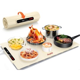 Food Warming Mat 24x16 Inches, Electric Warming Tray with 7 Temps, Foldable Food Warmer for Parties, Buffets, Family Gatherings, Holiday & Sabbath, Child Lock, Heating Mat for Food, Beige