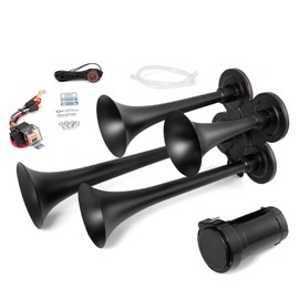 AOLIHAN Truck Horn 150DB 4 Trumpet Train Horn Kit for Truck 12V Air Horn for Truck Super Loud Train Horns with Compressor for VehicleTrain Boat (black with air pump Wire harness and buttons, 12v)