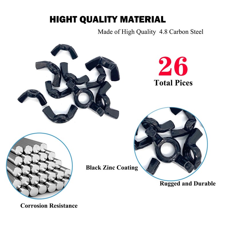 Yoliko 26 Pcs 4 Sizes 3/16",1/4",5/16",3/8" Wingnuts, Quality Carbon Steel