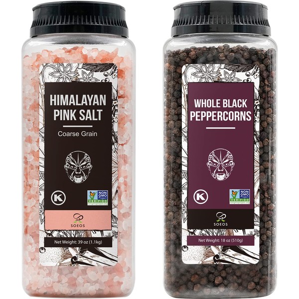 Soeos Himalayan Pink Salt 39 oz + Whole Black Peppercorns 18 oz, Kosher Bulk, Coarse Salt, for Grinder Refill, Peppercorns, Pepper and Grinder, Non-GMO Verified, Kosher, Spice Seasoning Set For Cooking