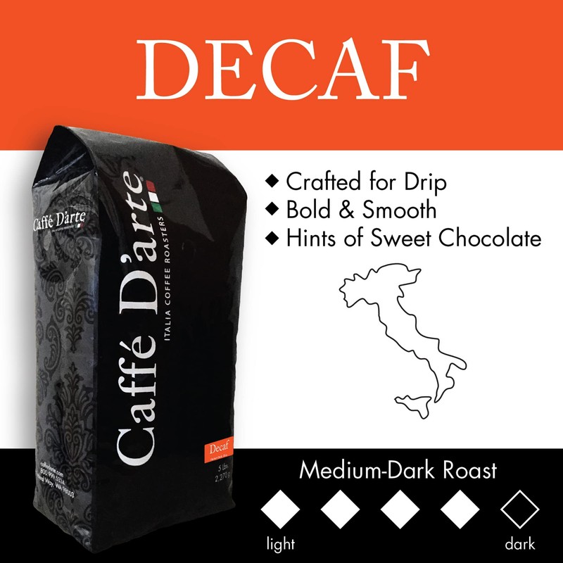 Caffe D'arte Decaf Whole Bean Espresso Coffee, 5 Pounds