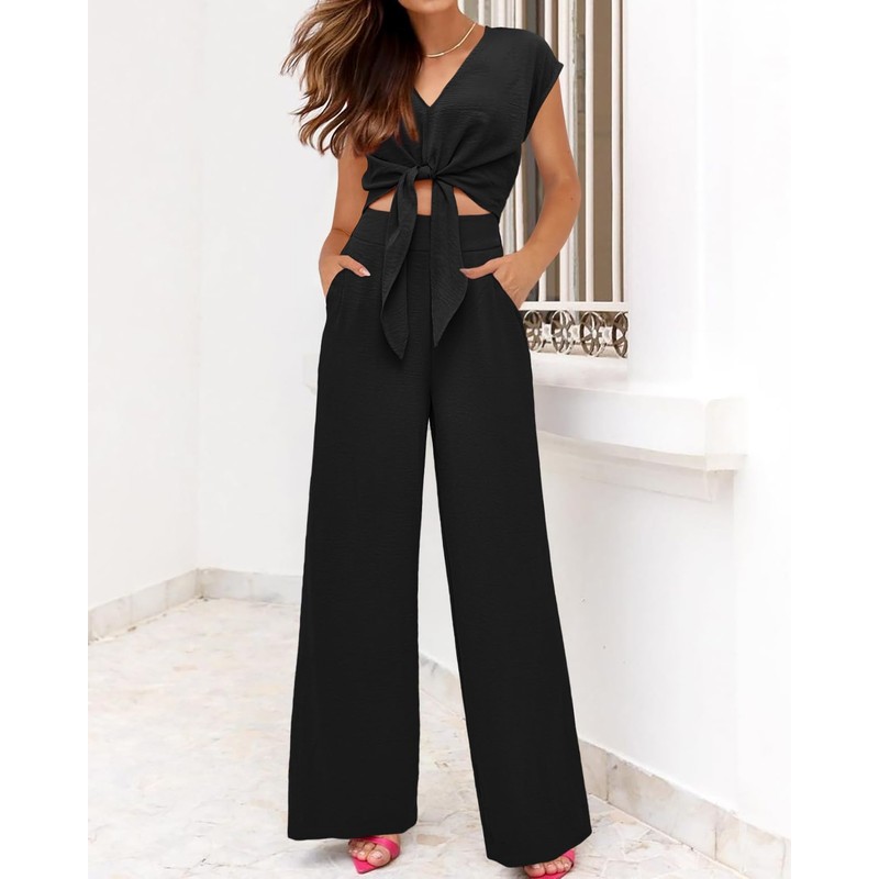 PRETTYGARDEN Women's Summer 2 Piece Outfits 2025 Cap Sleeve V