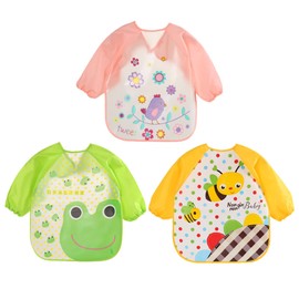 Baberos para Bebé, Impermeable con Mangas, Juego de 3, para Niños de 6 a 36 Meses (Pájaro abeja rana)