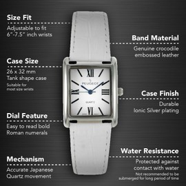 Peugeot Women's Silver-Tone Tank Shape Leather Dress Watch with Roman Numerals, White
