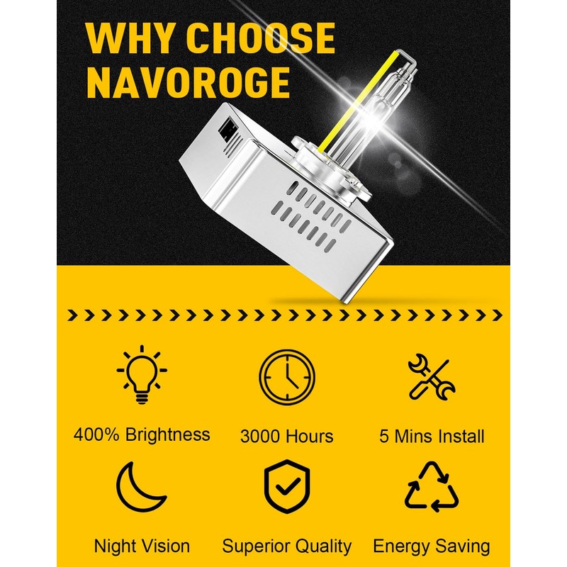 NAVOROGE D5S HID Bulbs, 6000K 35W Cool White Xenon D5S