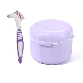 Howinn Denture Bath Case Cup Box Holder Storage Container with Denture Cleaner Brush Strainer Basket for Travel Cleaning(Purple)
