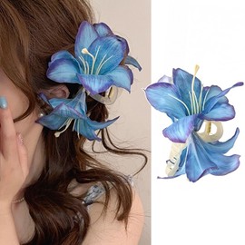 Flower Hair Clips Lilies Flowers Hair Claw Clips Blue Floral Hair Accessories Non Slip Strong Hold Large Acrylic Hair Clamps Summer Design Cute Hairpin Fashion Hair Styling Decorations for Women, 1Pcs