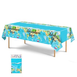 Adventure World Awaits Map Plastic Tablecloth - 1 Pack 54*108" Travel Themed Table Decorations Supplies Bon Voyage Disposable Table Cover for Baby Shower Birthday Graduation Retirement Party