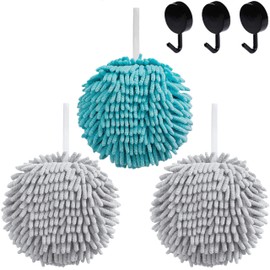 Frbryak Chenille Fuzzy Ball Hand Towel Set, 3 Pcs Soft Absorbent Bathroom Hand Towels with Hanging Loop, with 3 Hooks (2Grey+1Blue)