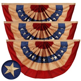 UD_G128 - 3 Pack: USA Tea Stained Pleated Fan Flag 2x4FT Burlap Embroidered Polyester Stars and Stripes