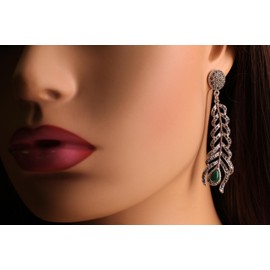 Marcasite 925 Sterling Silver, Green Onyx Teardrop Huge Peacock Feather 18x55mm Fancy Post dangling earrings. 925 stamped