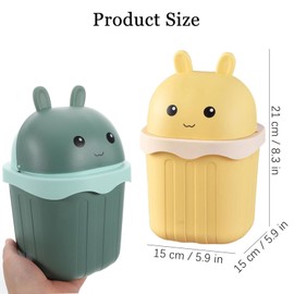 Ayicheyl Pack of 2 Table Bin with Lid, Mini Trash Can Cute Table Waste Bin, Small Rubbish Bin with Swing Lid, Cartoon for Desk, Children's Room, Office, Chest of Drawers (Green + Yellow)