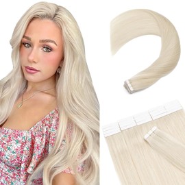 SEGOHAIR Tape in Hair Extensions Human Hair 40pcs Extensions,100% Real Remy Hair Extensions 22" Natural Invisible Straight with 10pcs of Hair Extension Tapes-Platinum White