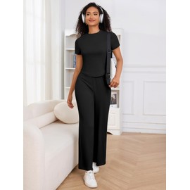 ZANZEA Women's 2 Piece Lounge Sets Short Sleeve Pajama Set Ribbed Knit U Shaped Hem Tshirt, Black, Medium