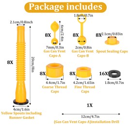 Gas Can Spout Replacement Kit, (8 Kit-Yellow) Gas Can Nozzle Set - Includes Cans Cap, Spout Sealing Cap,Vent Caps, Flexible Pour Nozzle for 1/2/5/10 Gallon Cans