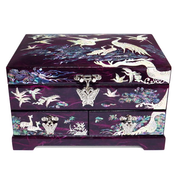 MADDesign Mother of Pearl Lacquered Jewelry Box Two Level Cranes Purple