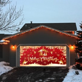 Trgowaul Christmas Garage Door Decorations, Large Red Gold Jesus Xmas Garage Door Cover Banner Backdrop, Jesus Nativity Merry Christmas Background Party Supply, Happy New Year Garage Door 7x16ft
