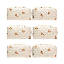 PAZIMIIK 6PCS Vintage Quilted Makeup Bag SET Cosmetic Pouch for Brushes Pencils and Travel Make Up Accessories for Women and Girls Bear Beige