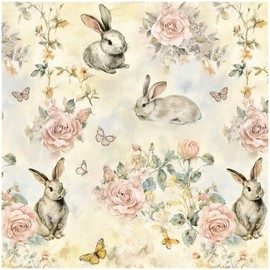 Yellow Pink Floral Wallpaper Peel and Stick Wallpaper Boho 17.3"×78.8" Vintage Animal Rabbit Butterfly Removable Self Adhesive Wall Paper for Bedroom Floral Contact Paper Waterproof Home Decor Vinyl