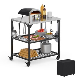 KEESHA Multi-Functional Stainless Steel Pizza Oven Stand Station 35.5 x31.5 x24'' Grill Trolley Stand for Outdoor Indoor Movable Dining Food Prep Cart with 3 Shelves for Ooni, Weber, Blackstone, Ninja
