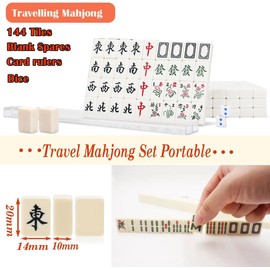 Travel Mahjong Game Set Mini,4 Blank Tiles Support More Gameplay, Mahjong Sets with Carrying Travel Case,Mahjong Tile Game,2 Dice 4 Racks (20x14x10mm)