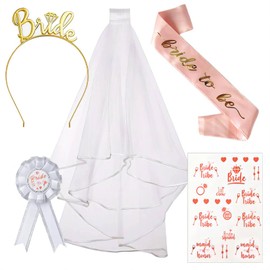 Annhao Women's Hen Party, 5 Pieces Jga Women, Jga Accessories Decoration, White Veil with Comb, Veil Bride, with Sash, Crown Headband, Team Bride Tattoos for Bride Shower