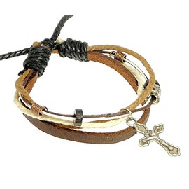benerini Brown Leather Strap, Cord, Beads & Metal Cross/Crucifix Leather Bracelet/Leather Wristband/Surf Bracelet - 99