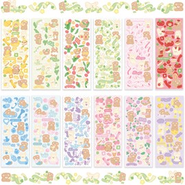 Korean Deco Stickers Set (12 Sheets), DIY Colorful Glitter Self Adhesive Stickers with Rabbit Bear Ribbon Flower Bubble, Kpop Potocard Korean Stickers, Cute Deco Stickers for Scrapbook Card Craft
