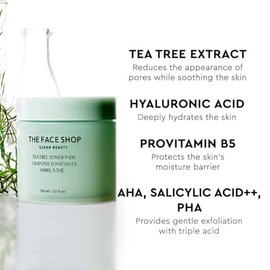 The Face Shop Tea Tree - Almohadillas de Tóner Coreanas | Pads Anti-Acné y Control de Poros | AHA, BHA, PHA y Extracto de Árbol de Té | Exfoliación Su