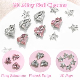 YAEISM 12PCS Nail Art Charms Crystal Heart Nail Charms 3D Alloy Star Nail Charm Crystal Shiny Nail Gems Rhinestones for DIY Crafts Jewelry Decoration